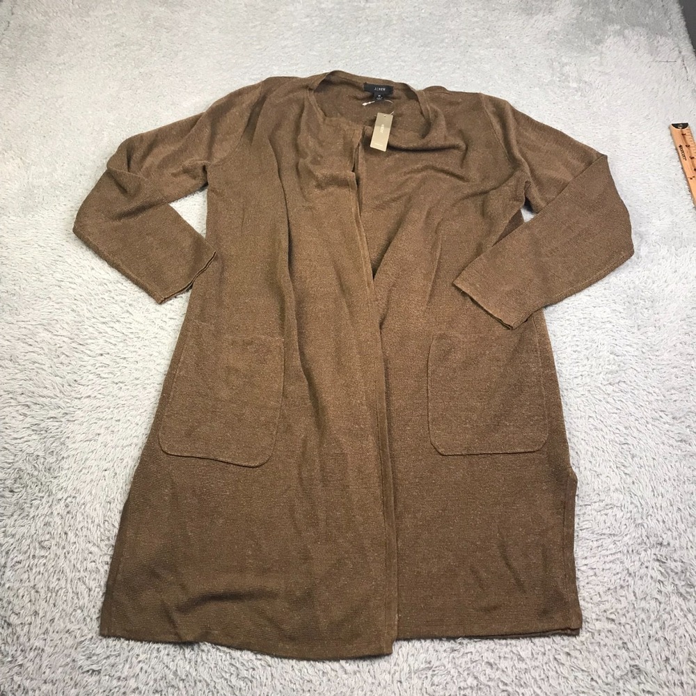 J Crew Juliette Collarless Sweater Blazer Womens M Brown Linen Knit Duster NEW